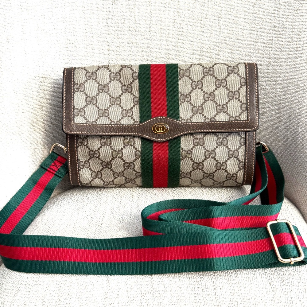 Gucci Beige GG Canvas Crossbody with Green and Red Web Stripe and Brown Trim